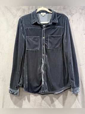 Umgee  Blue Velvet Button Down Shirt Collar Long Sleeve Dressy Luxe Size L Boho